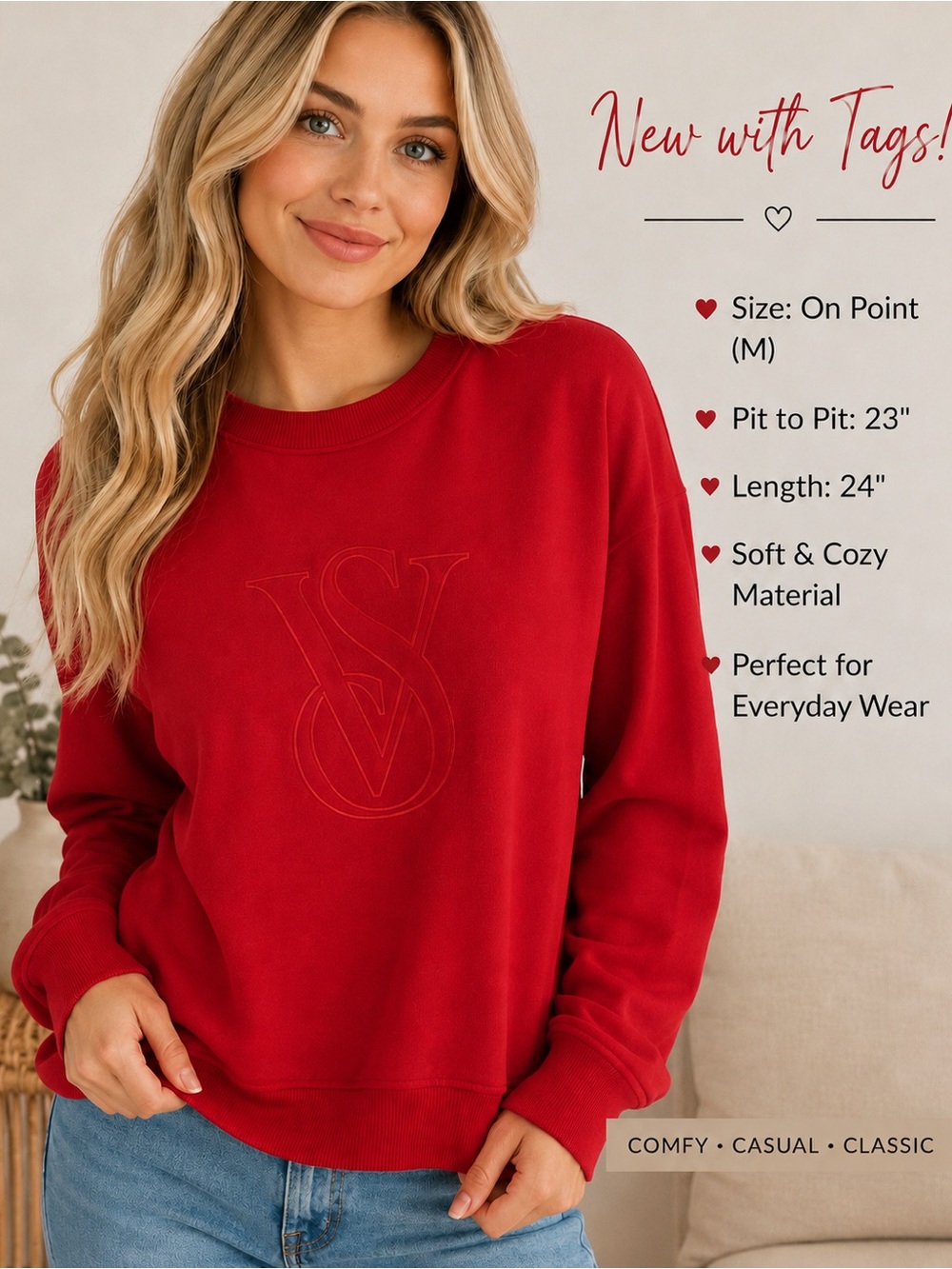Victoria's Secret Red Crewneck Sweatshirt with Embossed Logo